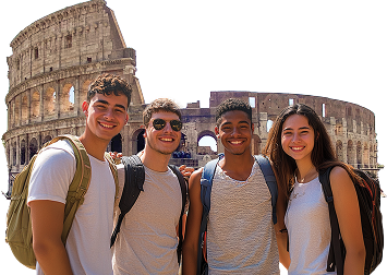 Four tourists smiling outside the Colosseum